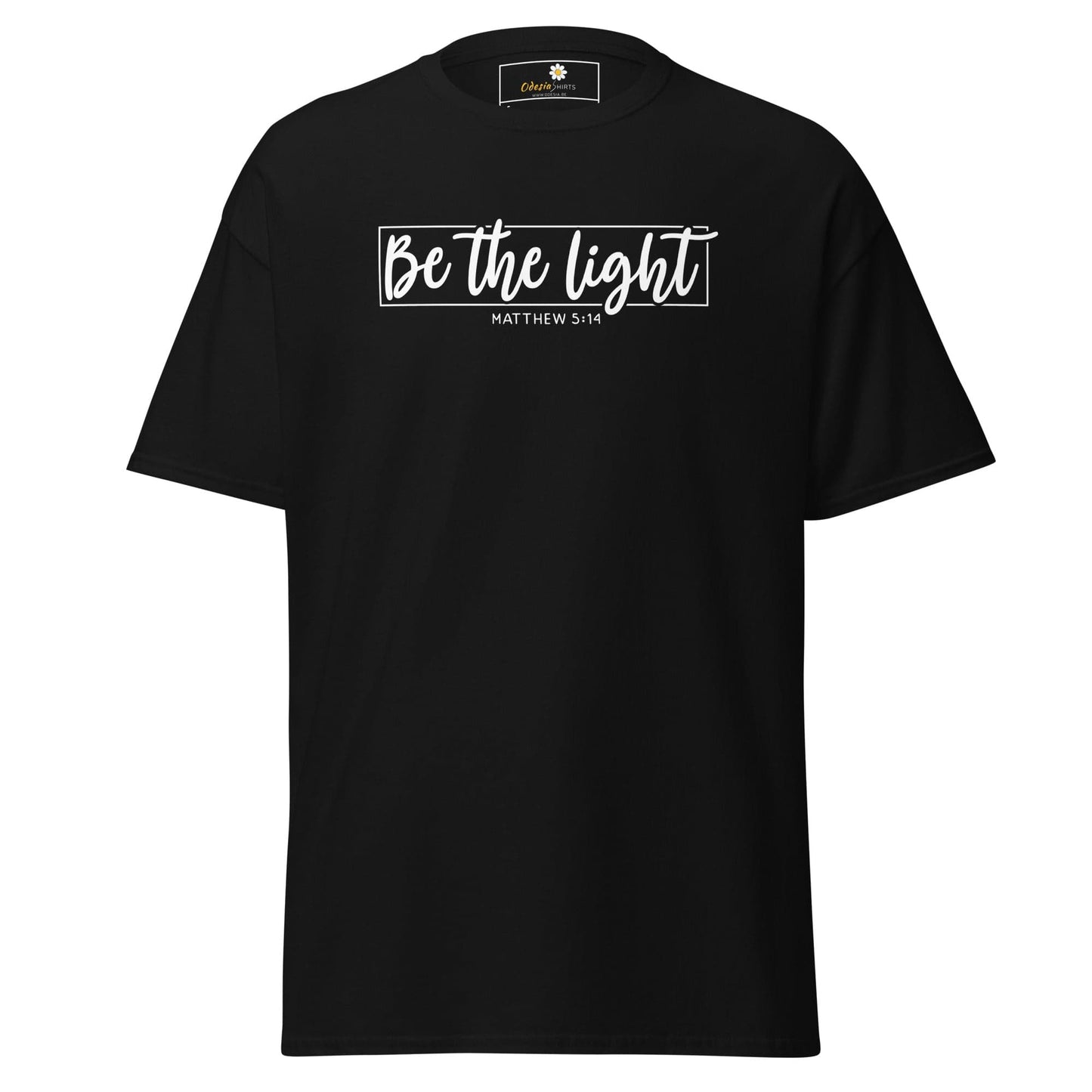 Black T-shirt featuring Be the light graphic, available in S to XL sizes for men and women