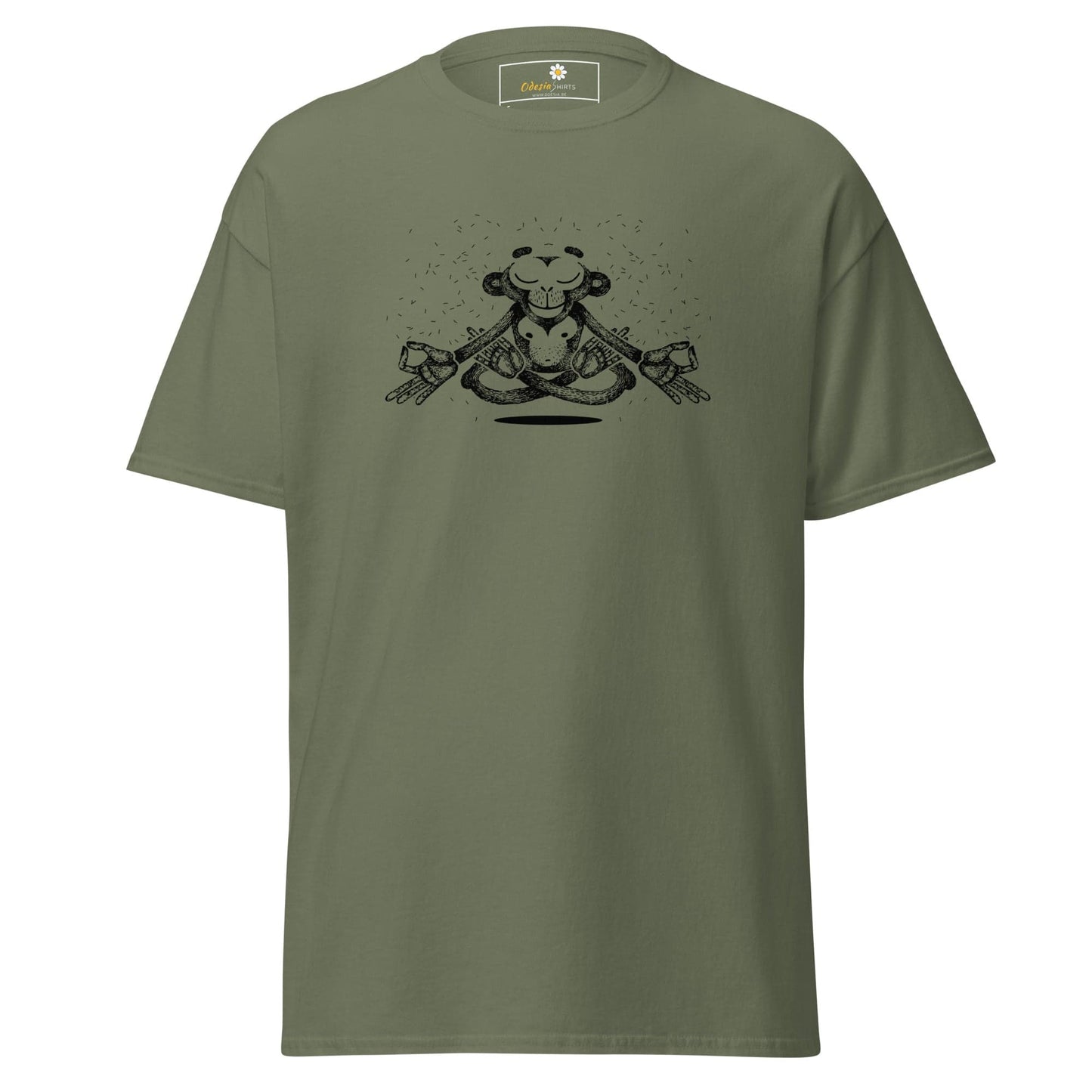Olive green t-shirt with meditating monkey graphic for men and women in sizes S to XL