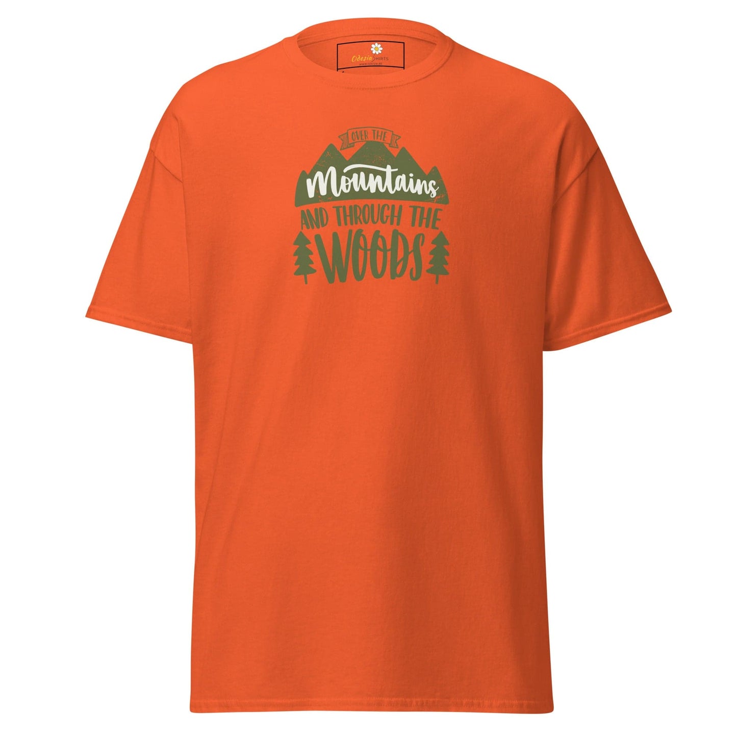 Orange T-shirt with mountain graphic suitable for men and women in sizes S to XL