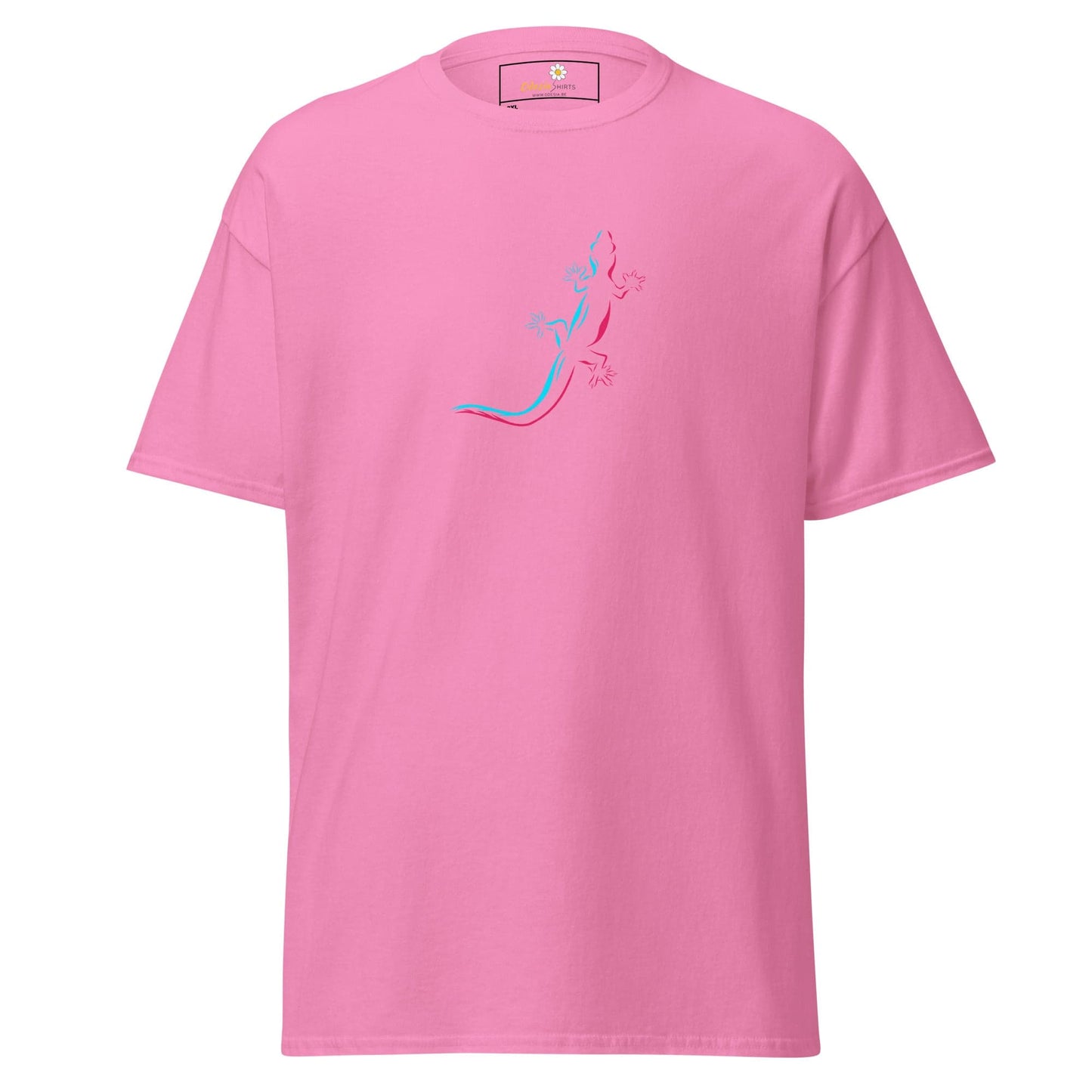 Pink t-shirt with lizard design.