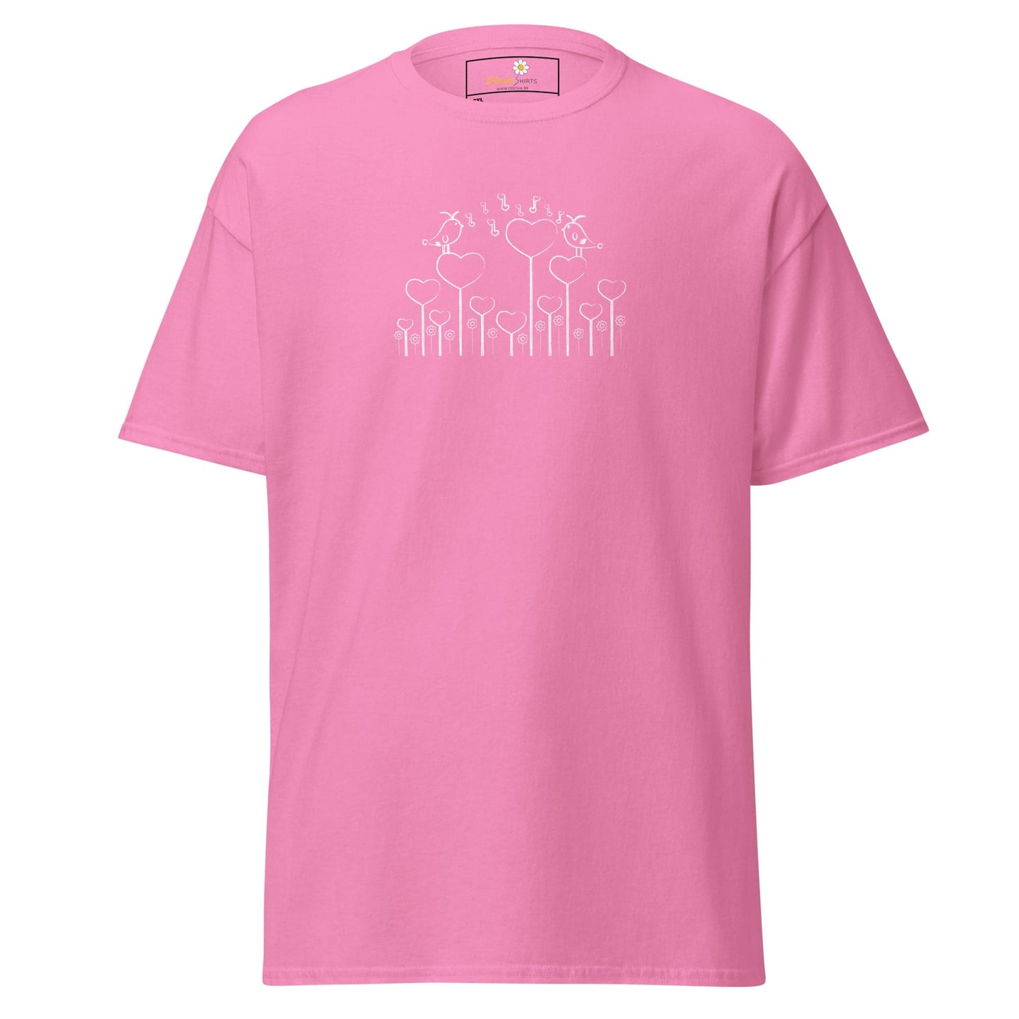 Pink T-shirt with heart and bird design for men and women in sizes 2XL to 5XL