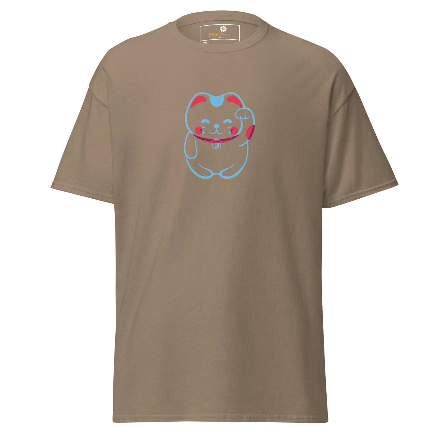 Khaki T-shirt with cartoon cat design for men and women in 2XL to 5XL sizes