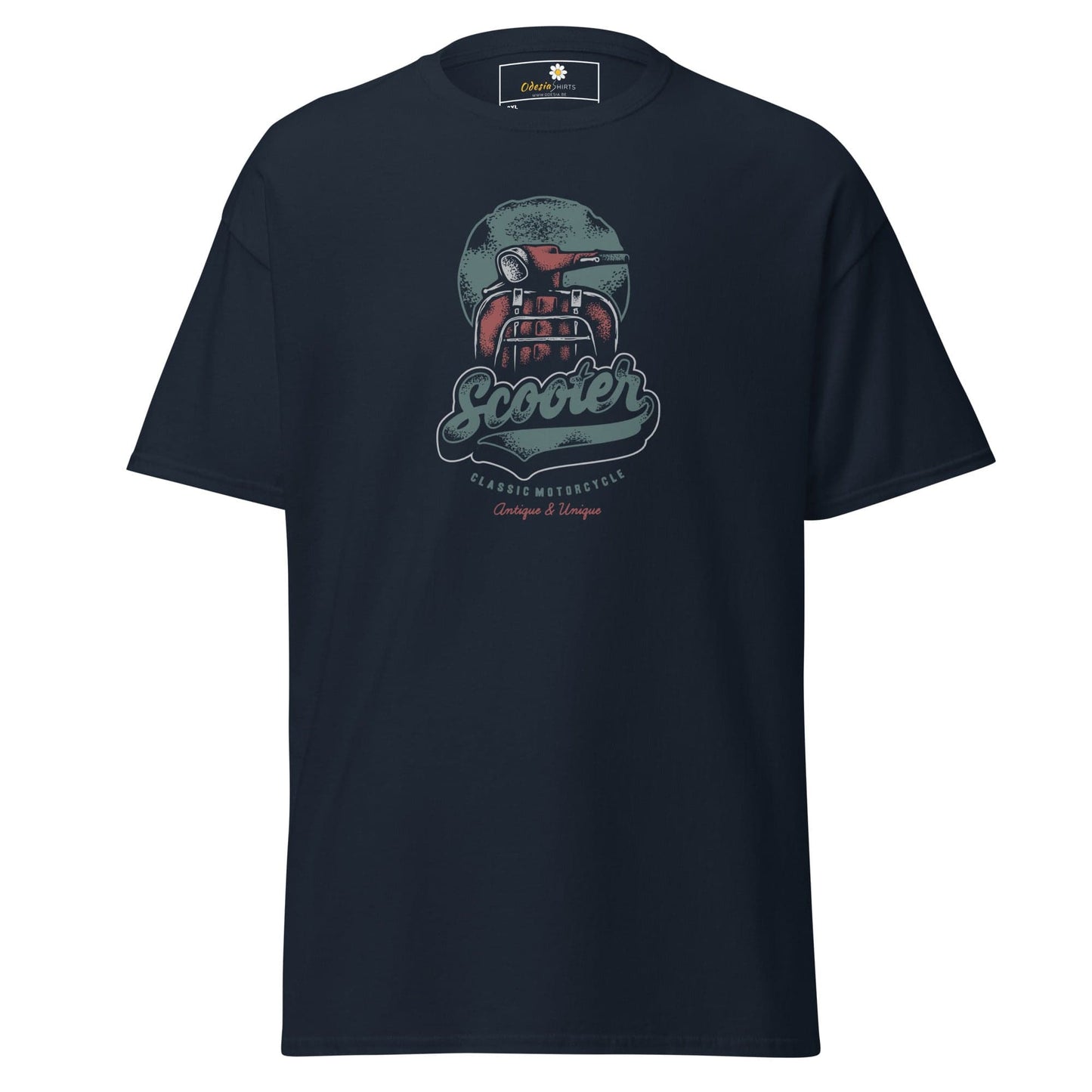 Navy blue t-shirt with scooter graphic.
