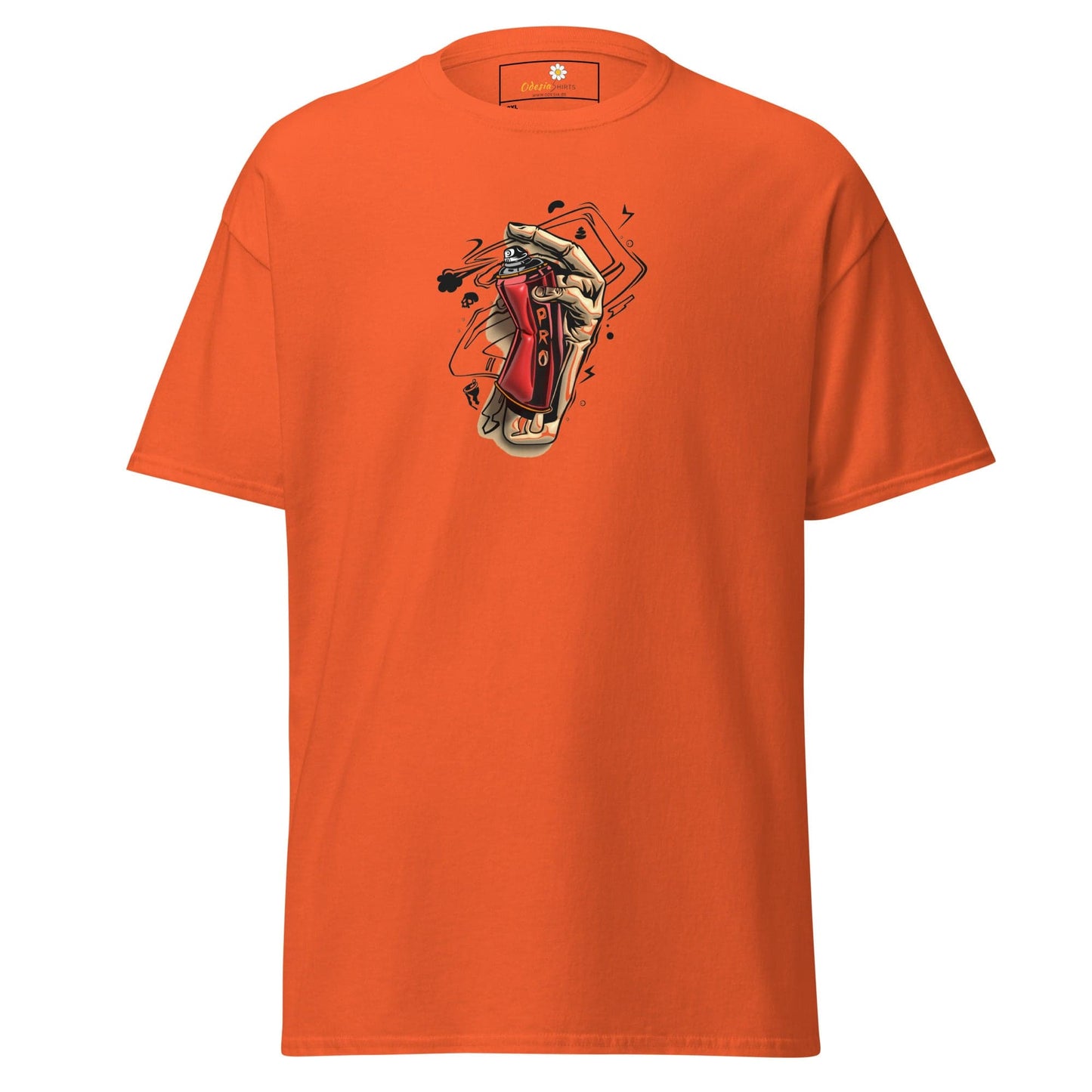 Orange t-shirt with graphic.
