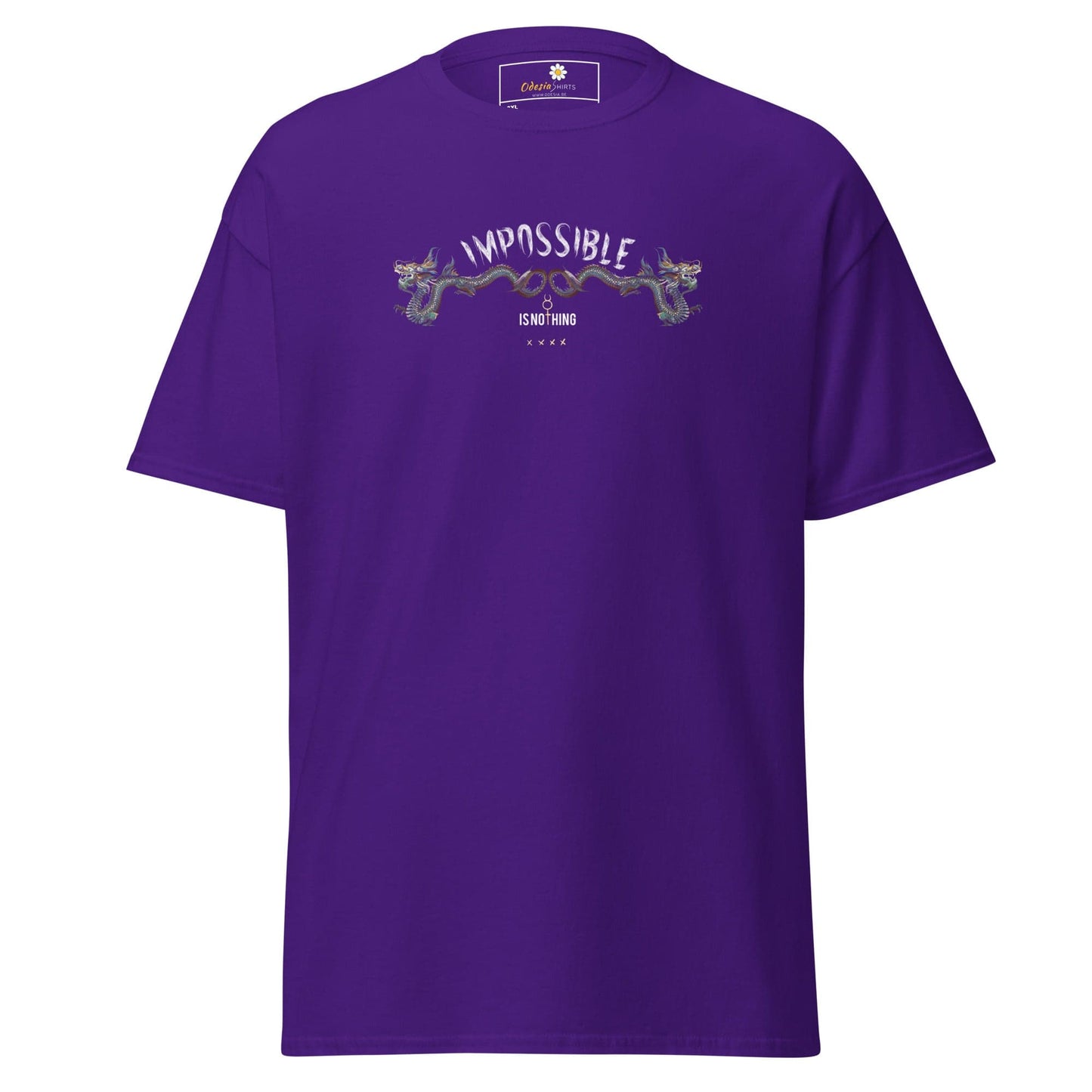 Purple t-shirt with dragon graphic.