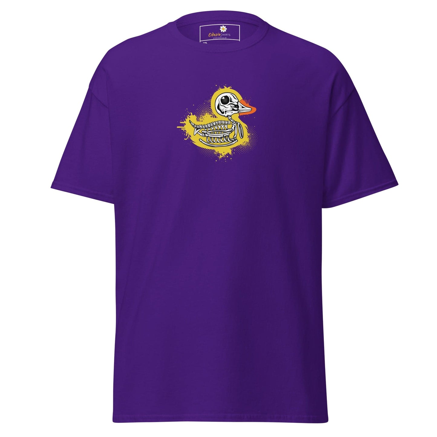 Purple T-shirt with skeleton duck design for men and women in sizes 2XL to 5XL
