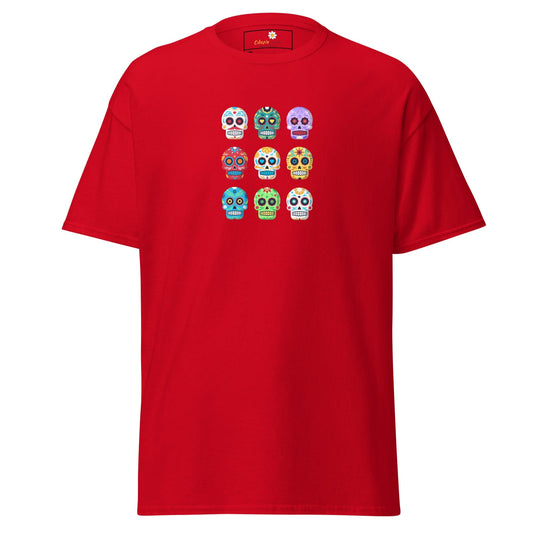 Red T-shirt with vibrant skull design for men and women in sizes 2XL to 5XL