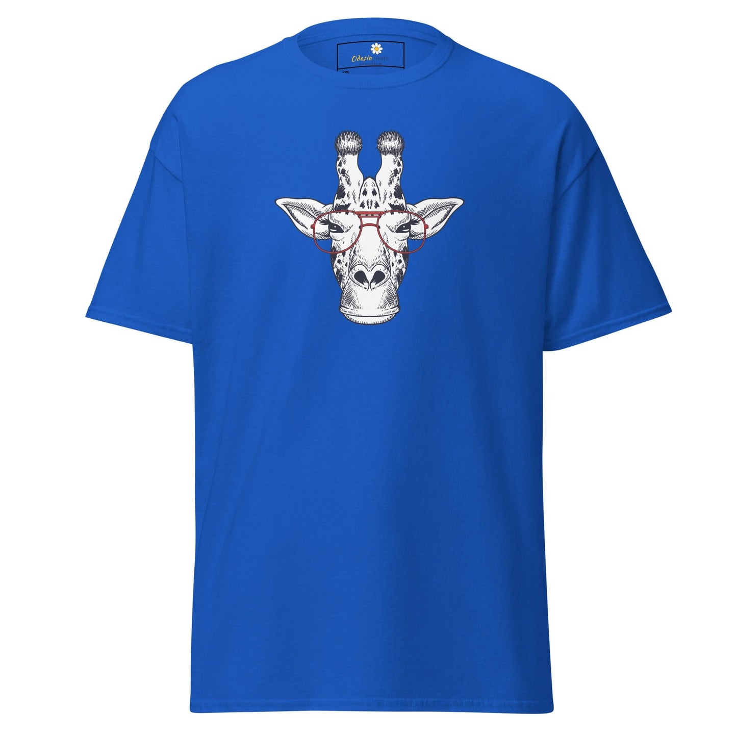 Blue T-shirt with giraffe graphic for Men and Women in sizes 2XL to 5XL