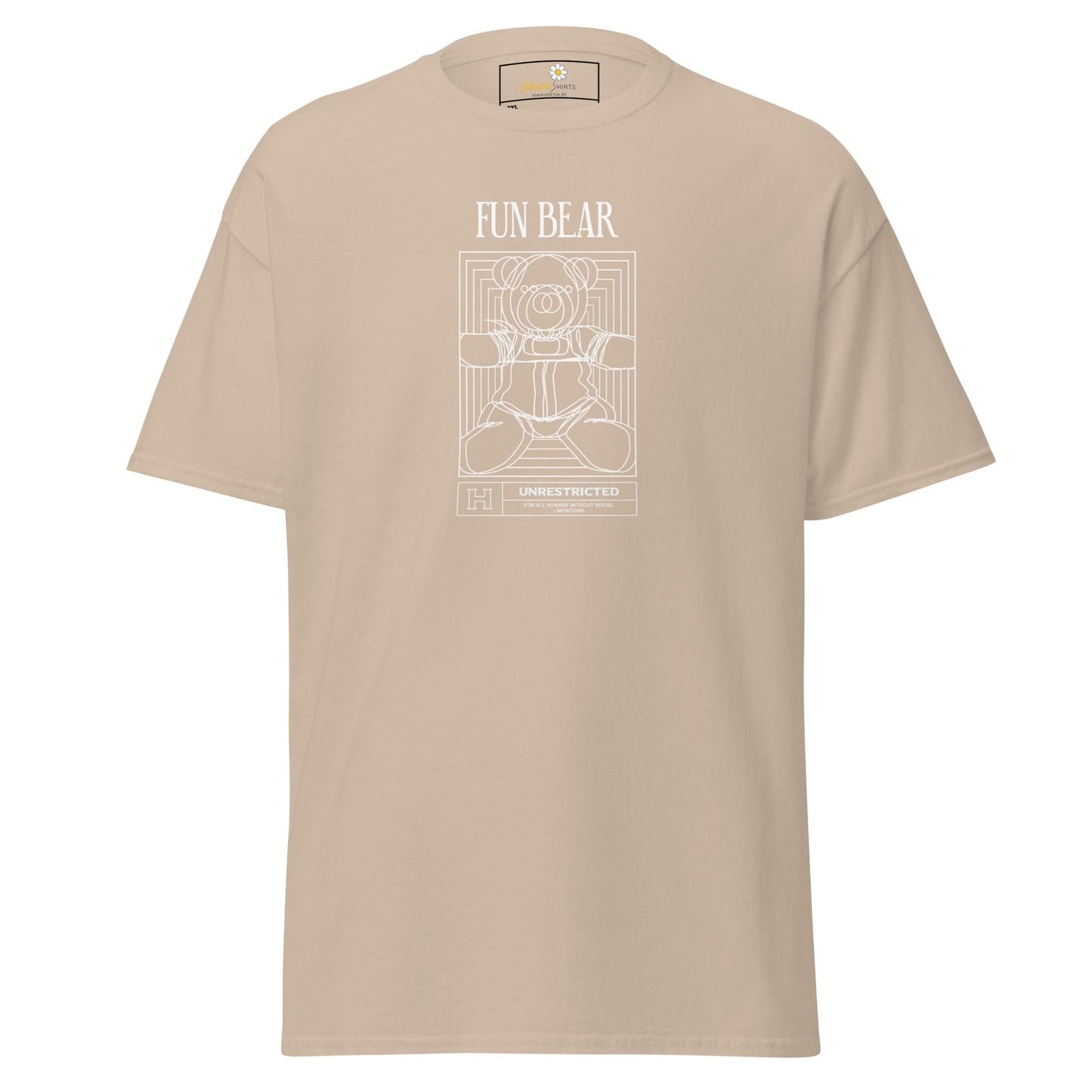 Beige t-shirt with bear graphic.
