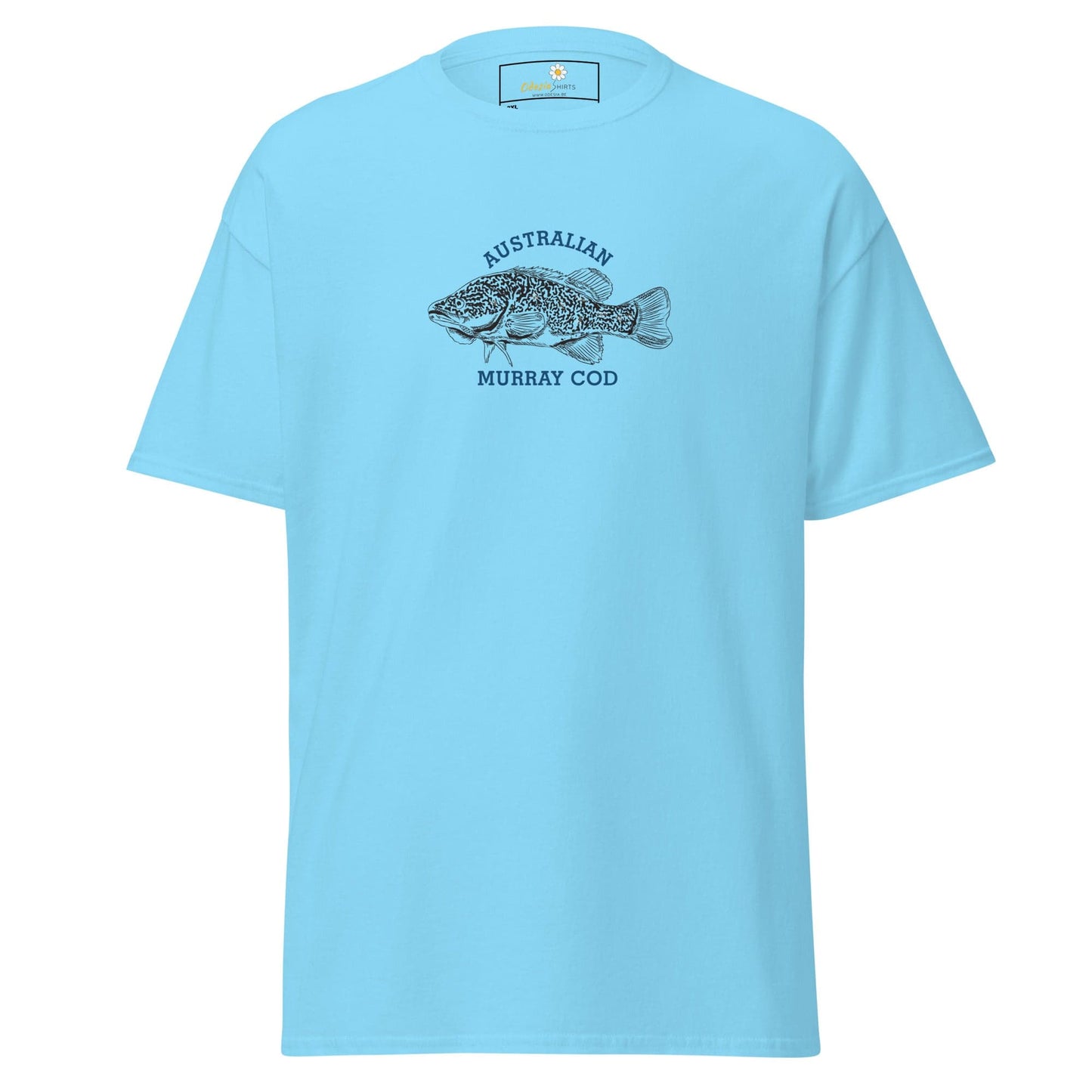 Light blue T-shirt with fish graphic in men and women sizes from 2XL to 5XL